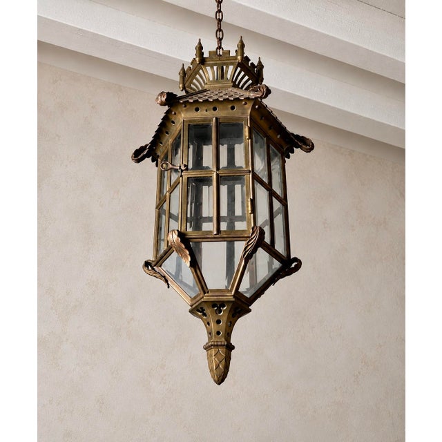 Gothic Revival Bronze Hanging Lantern with Castellated Crown, 1930s For Sale - Image 3 of 12