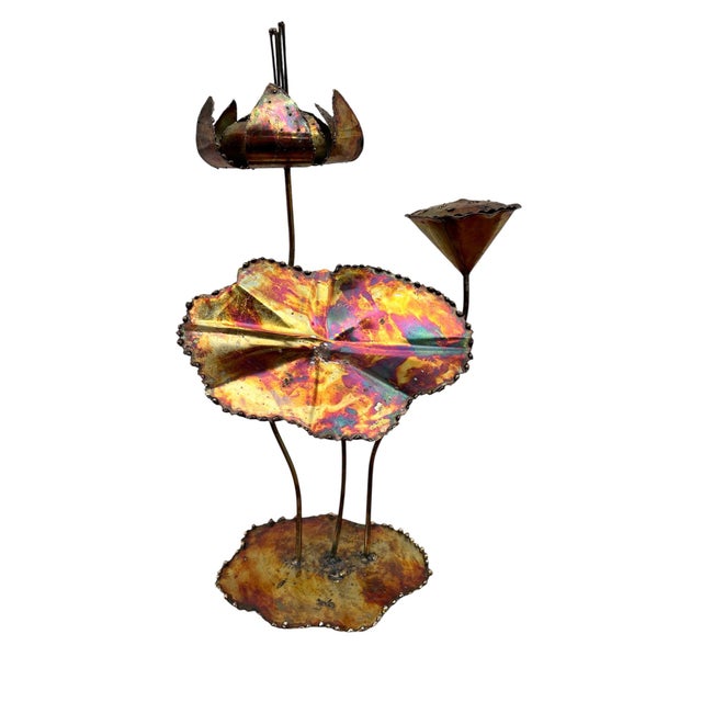 Brutalist Vintage Brutalist Welded Metal Lotus Flower Sculpture Iridescent Torch Patina Lily Pad Art 18” For Sale - Image 3 of 7