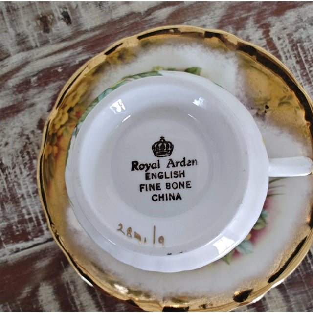 1950s Royal Arden Tea Cup and Saucer Set With Floral and Heavy Gold Band Footed Teacup and Saucer Set For Sale - Image 5 of 5