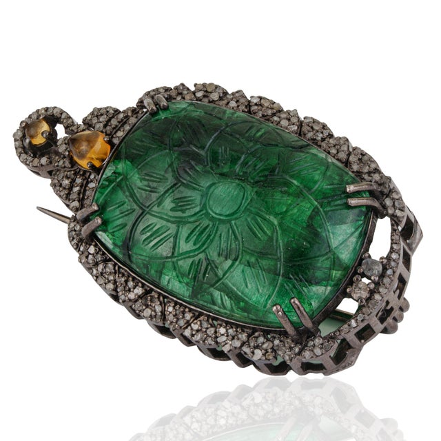 Handcrafted Vintage 20.85 Ct Aventurine Brooch Pendant With Diamond Accents For Sale - Image 4 of 12