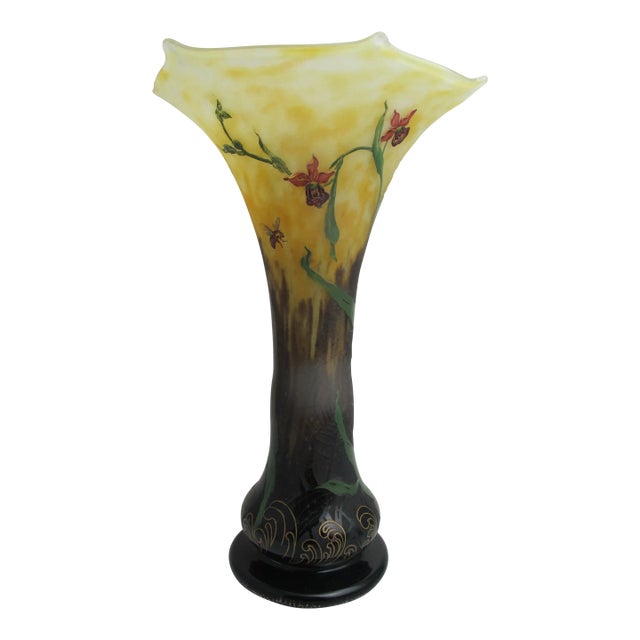 Antique Daum Nancy Etched Enamel Orchid & Insect Vase 12.75" Tall Art Glass Vase For Sale