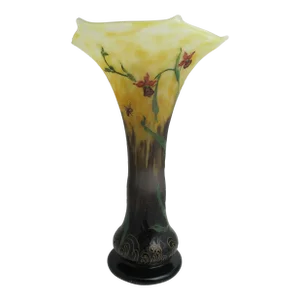 Antique Daum Nancy Etched Enamel Orchid & Insect Vase 12.75" Tall Art Glass Vase