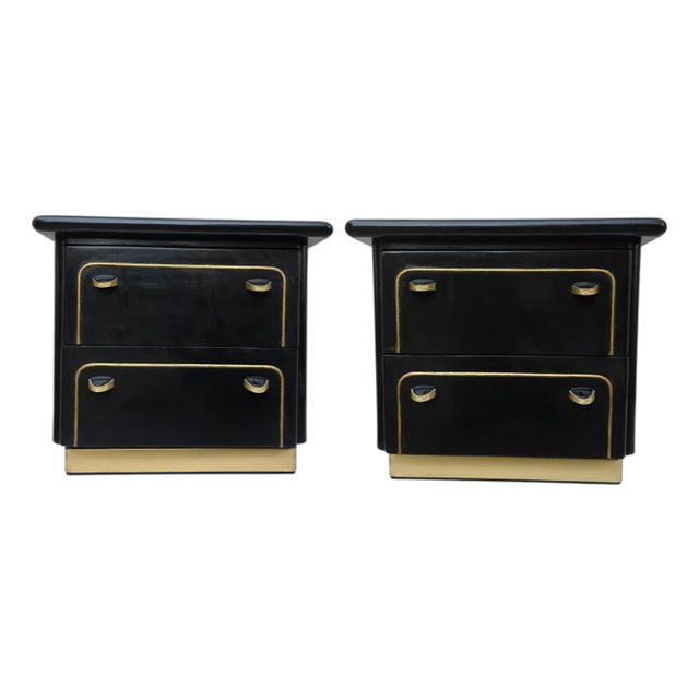 Pair of 1970s Lane Altavista "Espana" Nightstands - Black & Gold Hollywood Regency For Sale