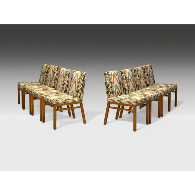 T.H. Robsjohn-Gibbings, Widdicomb, Walnut, Scalamandre Tapestry Fabric, Eight Dining or Side Chairs, USA, 1950s Set of...