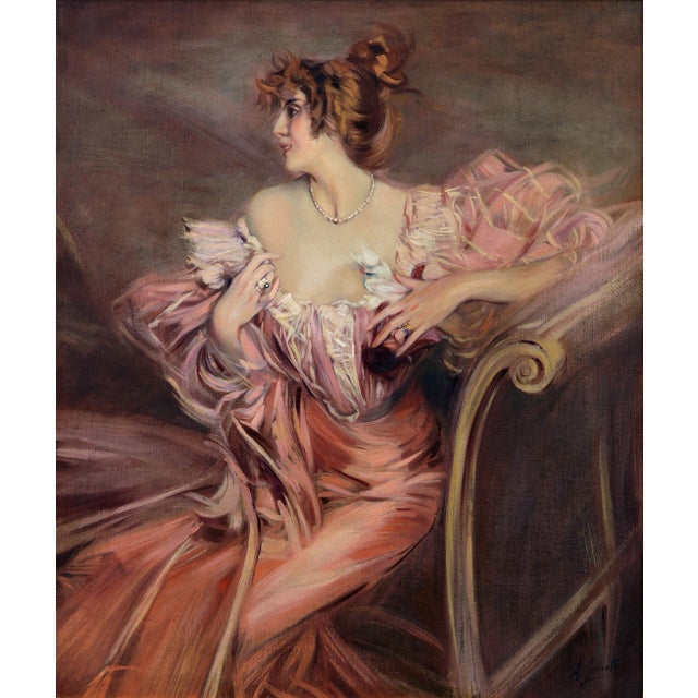 This elegant oil on canvas by Italian painter Angelo Granati is a refined reinterpretation of Giovanni Boldini's...