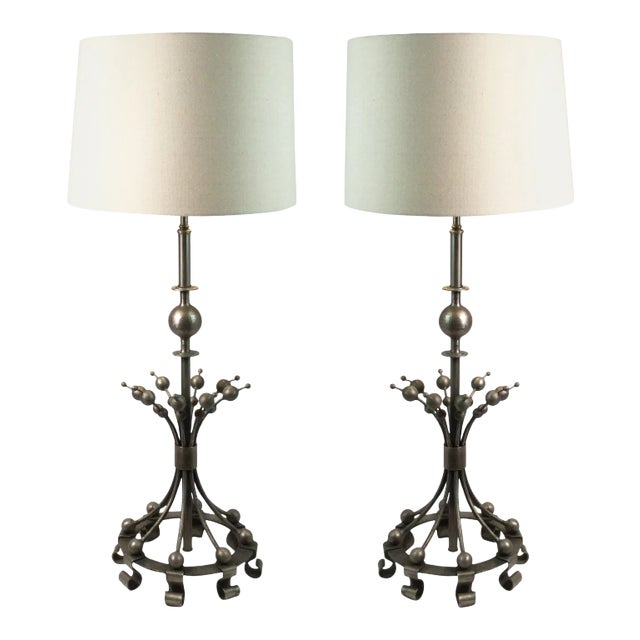 Postmodern Silvered and Aged Metal Table Lamps - A Pair For Sale