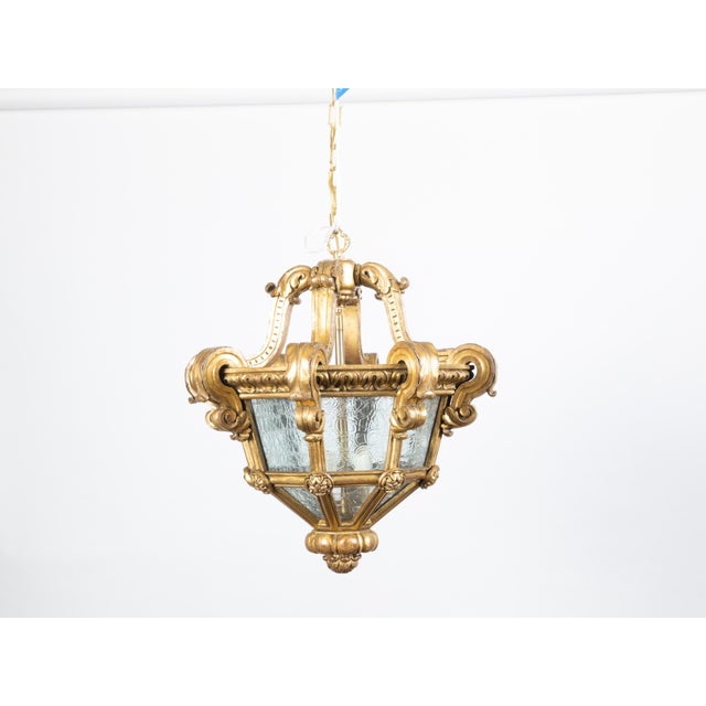 Early 20th Century Early 20th Century French Baroque Style Giltwood Lantern with Carved Volutes and Textured Glass For Sale - Image 5 of 11