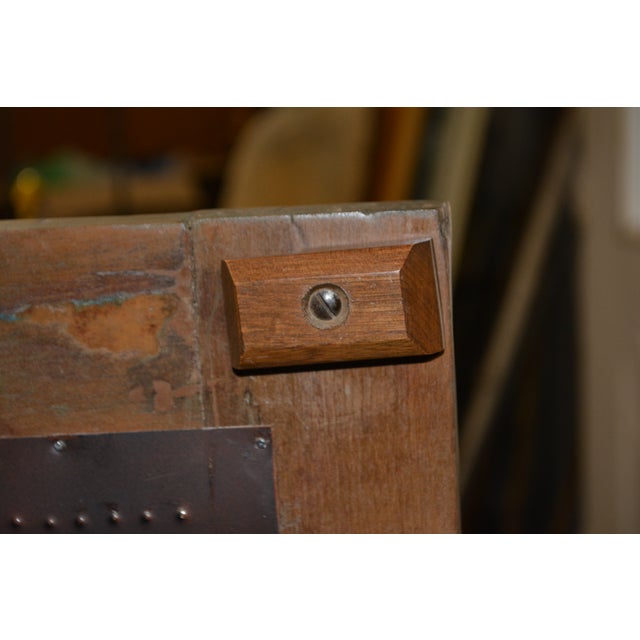 American Vintage Wood & Brick Red Punched Tin Pie Safe Cabinet W/ Shelves & Lower Drawer For Sale - Image 3 of 18