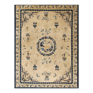Superlative Beige Open Field With Details Flowers in a Medallion Design Antique Chinese Peking Rug