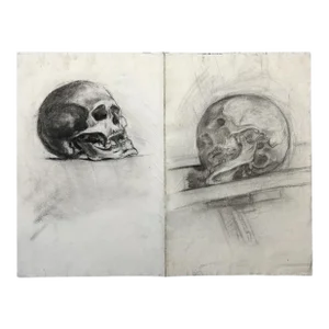 Antique French Realist Charcoal Double-Sided Sketch of Skulls/Roman Bust