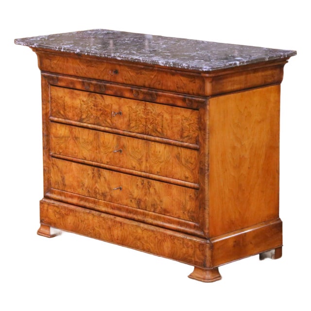 19th Century French Louis-Philippe Walnut Five-Drawer Chest With Gray Marble Top For Sale