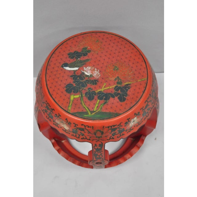 Chinoiserie Vintage Chinoiserie Red Lacquer Plant Stand Garden Stool Drum Side Table (B) For Sale - Image 3 of 14