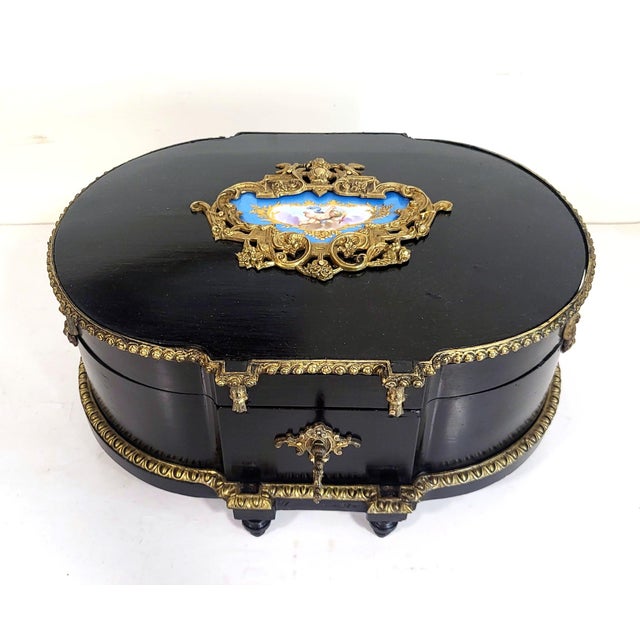 XXL Antique French Ebony Napoleon III Bronze & Sevres Plaque Vanity Jewelry Box For Sale - Image 4 of 15