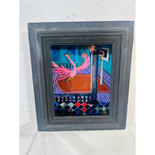 This is a vibrant and imaginative piece of folk art that combines painting and sculptural elements in a unique diorama-...