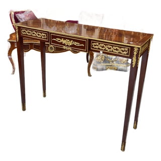 French Style Console Table / Desk – Handcrafted Brown Finish With Gold Leaf For Sale