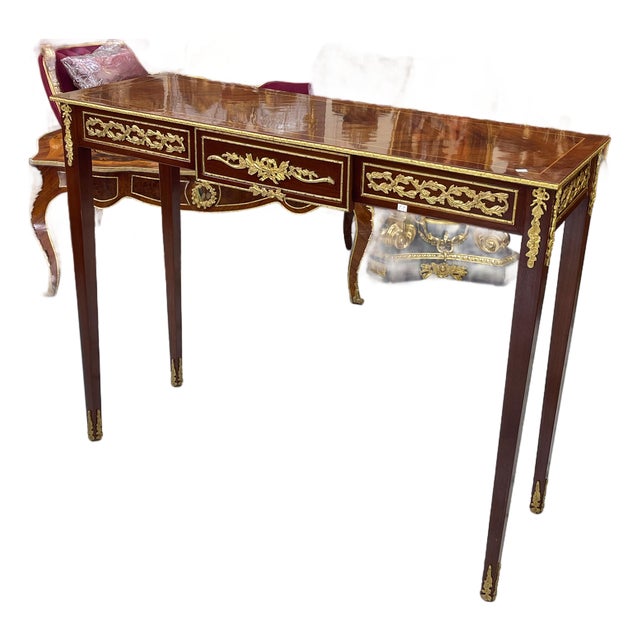 French Style Console Table / Desk – Handcrafted Brown Finish With Gold Leaf For Sale