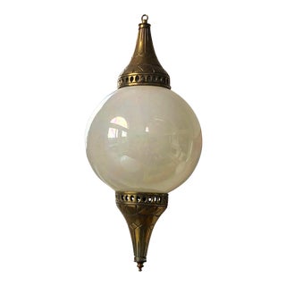 Mid Century Brass and Iridescent Globe Swag Lamp Pendant Light For Sale