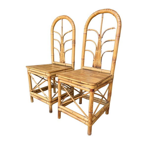 Pair of Vintage Hollywood Regency Bamboo & Rattan Dining Chairs | Palm Beach Coastal Chinoiserie Bent Bamboo High-Back Accent Chairs For Sale - Image 11 of 13
