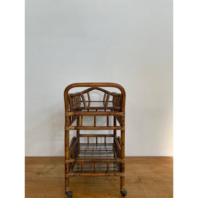 Vintage Bamboo Bar Cart With Glass Shelve & Removable Tray For Sale - Image 4 of 18