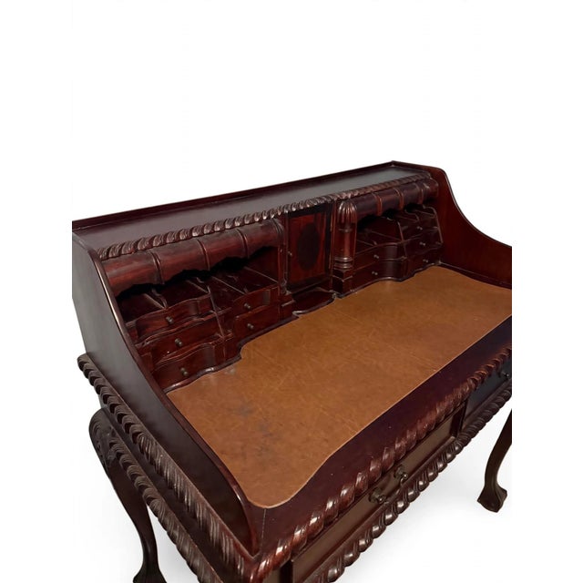 Chippendale Antique Mahogany Carlton House Secretary Desk With Leather Top, Chippendale Ball and Claw For Sale - Image 3 of 3