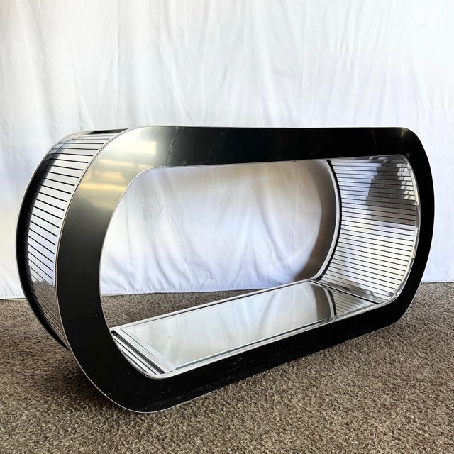Postmodern Postmodern Chrome Mirror and Black Laminate Waterfall Console Table For Sale - Image 3 of 12