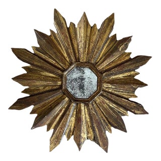Sunburst Mirror, 2000s Gold Leaf Sunburst Mirror With Antiqued Mirror, Starburst For Sale