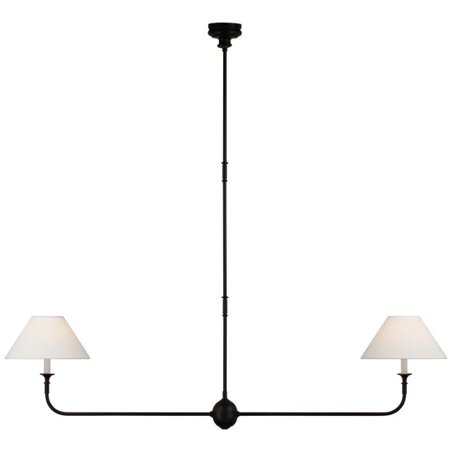 Piaf Large Two Light Linear Pendant in Aged Iron and Ebonized Oak with Linen Shades Designer: Thomas O'Brien Fixture...