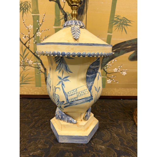 Vintage Chinoiserie Hand Painted Tole Table Lamp With Wicker Shade For Sale - Image 6 of 11