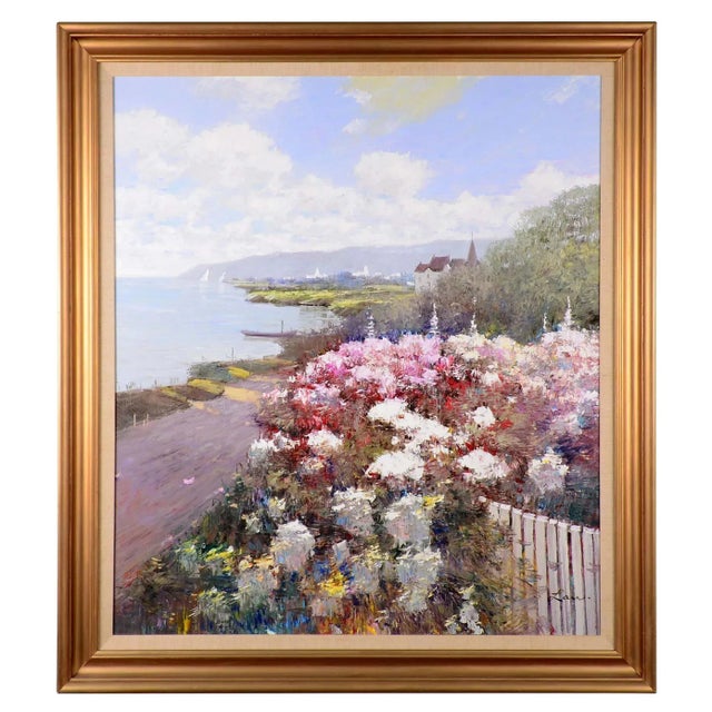 1980 Kwok Leung Law Oil Painting Harbor Scene With Floral Garden For Sale - Image 6 of 6
