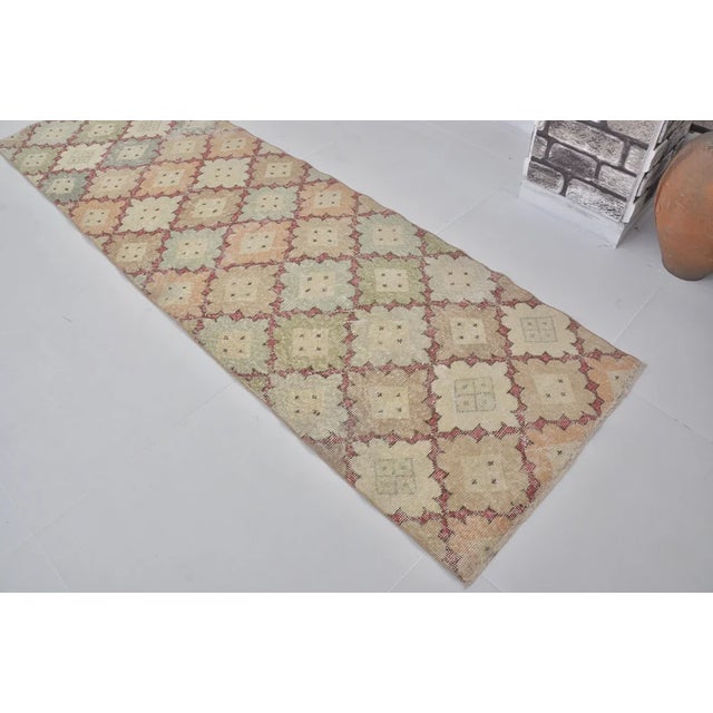 Turkish Vintage Turkish Runner, Muted Pastel Diamond Lattice Pattern, Hand-Knotted Wool For Sale - Image 3 of 10