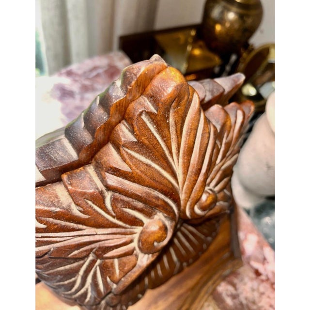 Pair of Vintage Mid-Century Hand-Carved Wooden Wall Shelves Features an Ornate, Deeply Detailed Scalloped Shell Design With a Rich, Warm Wood Finish. For Sale - Image 15 of 15