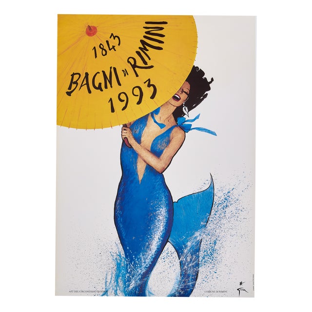 Original Vintage Rimini Bagni Offset Lithograph Poster by René Gruau, 1993 For Sale