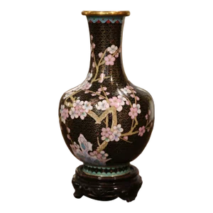 Vintage Chinese Cloisonne Enamel Vase With Floral Motifs on Wooden Stand