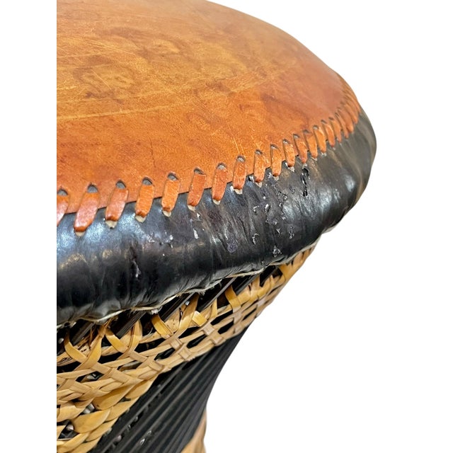 Pair of Mid-Century Anglo-Indian Leather & Rattan Drum Stools For Sale - Image 10 of 17