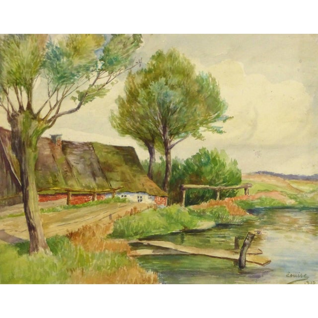 Antique French Watercolor Landscape Riverside Road Chairish