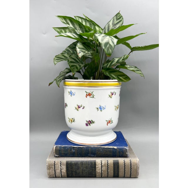 Charming vintage porcelain cachepot by Heinrich Germany, featuring delicate scattered florals in soft blues, purples,...