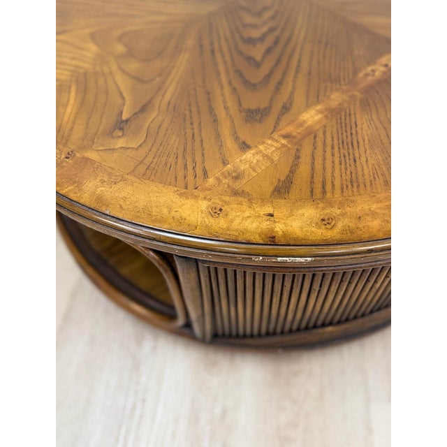 Mid 20th Century Pencil Reed Rattan Burlwood Inlay Round Coffee Table Gabriella Crespi Style Rare For Sale - Image 12 of 12