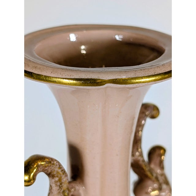 Pink Vintage Pair of Porcelain Mantel Vases, Pink Porcelain, Mid-Century St Regis, Floral Gold Gilt, Excellent 12" For Sale - Image 8 of 12