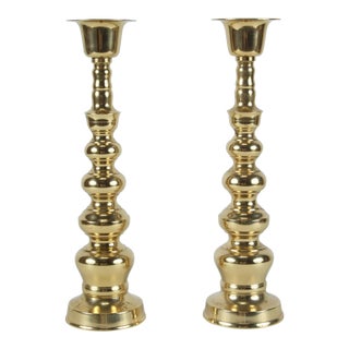 Vintage Polished Brass Candlesticks - a Pair For Sale