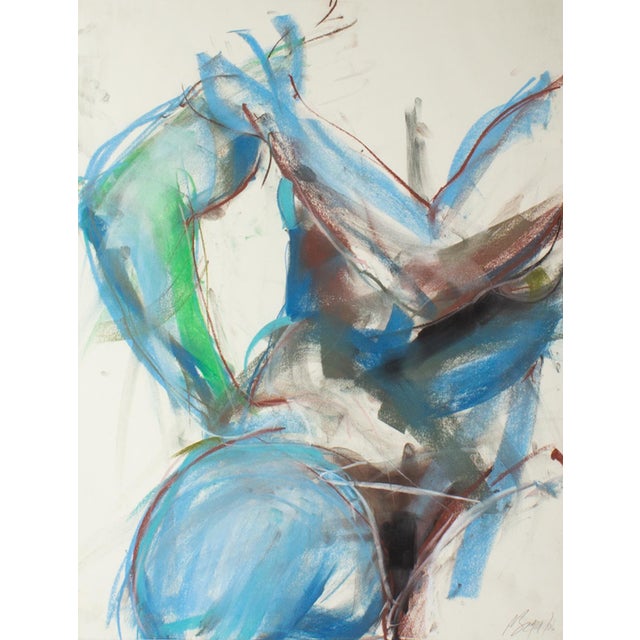 A 2006 chalk pastel drawing. This colorful work depicts a seated figure with arm across their chest and drawn in blue,...
