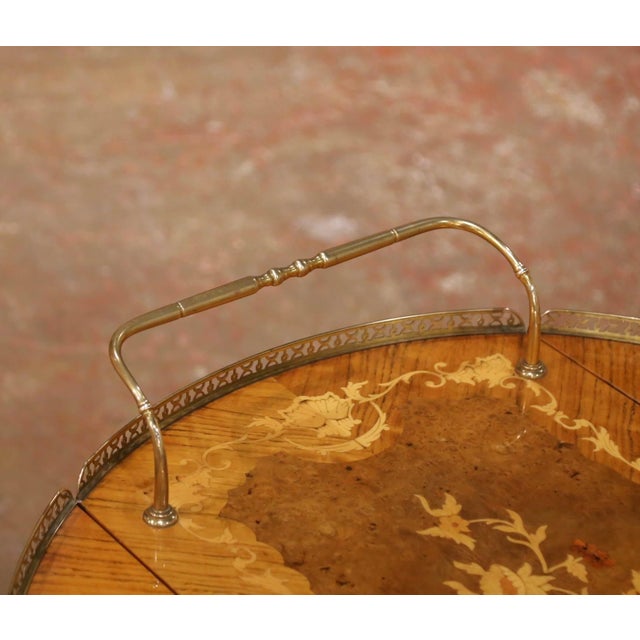 Wood Mid-Century Italian Marquetry Bar Cart With Drop Leaves and Gilt Brass Gallery For Sale - Image 7 of 8