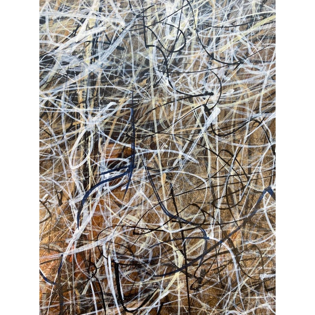 Abstract action oil painting in neutral colors in new gold leaf frame by artist Ken Staber. Signed verso and dated 1980.