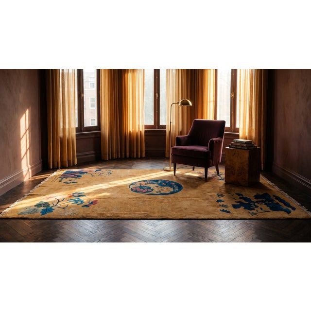 1920s Orange Medallion Scene Antique Chinese Art Deco Carpet 6' X 8'6 Knotted Wool Rug For Sale - Image 12 of 12