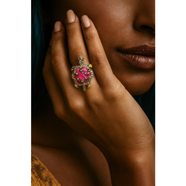 Bochic "Orient" Vintage Ruby & Diamond Turtle Cocktail Ring Set 18K & Silver For Sale - Image 10 of 12