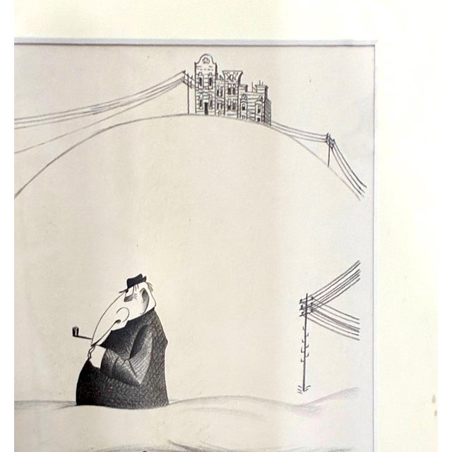 This signed drawing, "Low Fog" by American artist Justin Murray (1912–1987), features a lone caricatured man smoking a...