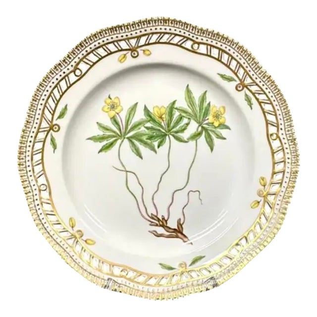 Royal Copenhagen Flora Danica Plate, Anemone Ranunculoides L, Gilt Border For Sale
