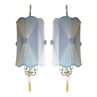 Hollywood Regency Light Blue Velvet Swag Lamps - A Pair For Sale