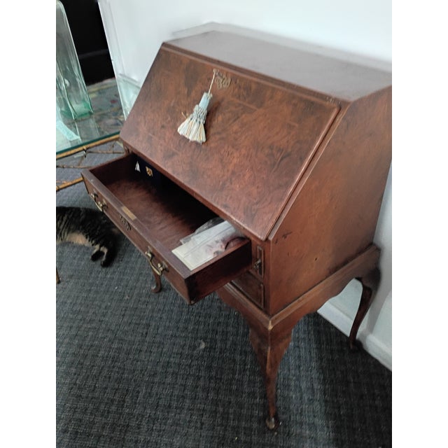 Brown 1920s Slant Top Queen Ann Desk Well Made Walnut Burl Writing Desk For Sale - Image 8 of 12