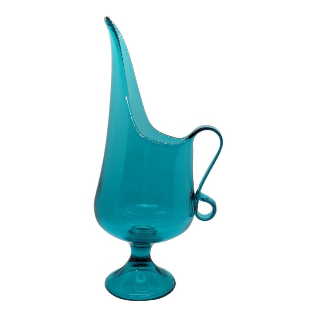 Vintage Le Smith MCM Aqua Glass Pitcher Candleholder Vase Simplicity Design For Sale
