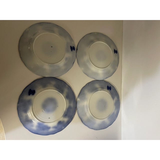 Late 19th Century Antique Flow Blue Dinner Plates - Waldorf Blue and White Porcelaiin - Set of 4 For Sale - Image 5 of 6